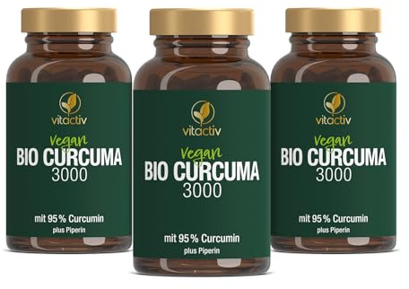 VITACTIV Bio Curcuma 3000 im 3er Pack - Kurkuma hochdosiert - Curcuma Extrakt mit 95% Curcumin - Piperin für hohe Bioverfügbarkeit - Ohne Magnesiumstearat, Vegan - 180 Curcuma Kapseln für 180 Tage