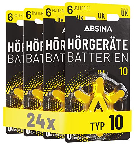 ABSINA 24x Pile per apparecchio acustico 10 Zinco Aria con 1,45V - batterie per apparecchi acustici - PR70 ZL4 P10 Pile tipo 10 per apparecchio acustico - pr70 1.45v - batteria acustica