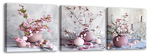 Piy Painting 3 Set HD Leinwandbilder Rosa Floral Elegant Kirschblüte Gemälde Bilder Leinwanddrucke Moderne Schlafzimmerbilder Für Wohnkultur Yoga-Raum Neujahrsgeschenk 30x30CM