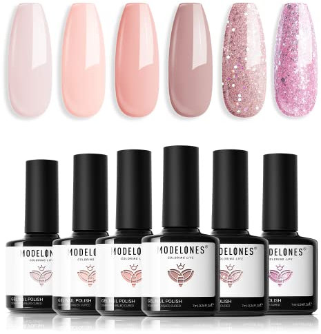 Modelones UV Nagellack Set Rosa Nude Pastell Weiß Glitter 6 Farbe Gel Nagellack Gel Nail Polish French Manicure Soak Off UV Nägel Gellack für Nail Art Nageldesign Kit