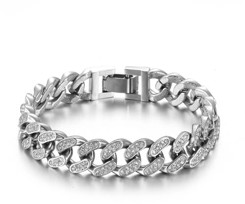 HSWYFCJY 13.5mm Kubanische Armband Iced Out Miami Silber überzogen Hip Hop Full CZ Diamant Armband für Männer,Länge 23cm