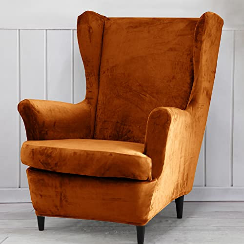 Qelus Samt Ohrensessel Überzug,Sesselbezug Ohrensessel,Plüsch Stuhlhussen Sessel，Möbelbezüge Schutz für Wohnzimmer Schlafzimmer Dekoration (Orange)