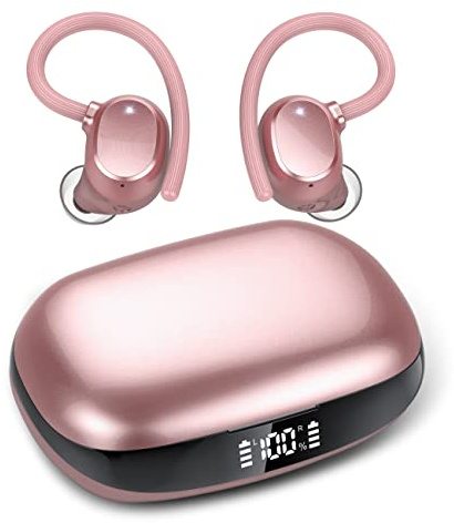 Bluetooth 5.3 Kopfhörer Sport, In Ear Kabellos Stereo mit HD Mic, 48 Std Spielzeit mit Ladekoffer LED Anzeige, Tiefer Bass, IP7 wasserdichte Lauf mit Ohrhaken für Sport Rose Gold