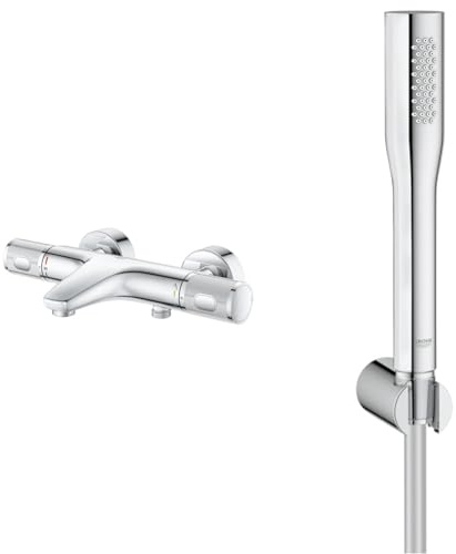 GROHE Precision Feel - Thermostat-Wannenbatterie, chrom, 34788000 & Euphoria Cosmopolitan - Handbrause (wassersparend, inkl. Brauseschlauch und Handbrausehalter, Antikalk-System), chrom, 27369000