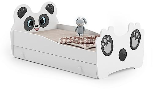 KOBI Barnsäng vit panda | med förvaring av låda | 140 x 70 cm | liten flicksäng barnsängar | med madrass och ram | babyrummet | enkelsäng med barriär