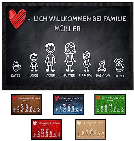 Fußmatte personalisiert - Türmatte für Familie mit Hund, 40 x 60 cm | Mit Wunschnamen und Familienfiguren, Hund und Katze wählbar - rutschfest, waschbar bei 30 Grad ohne Weichspüler