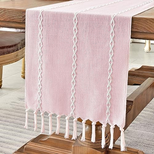Wracra Bauernhaus Rosa Tischläufer Vintage Baumwoll Leinen Tischläufer Rustikale 275cm mit Handquasten für Partys, Esszimmer-Dekorationen, Dessert-Tischdekoration(Rosa, 275cm)