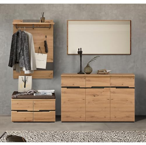 Lomadox Garderoben Set Flurgarderobe 4-teilig in Artisan Eiche Nb. mit Graphit mit Schuhbank inkl. Sitzkissen