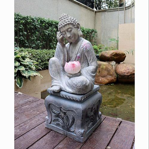 Pevfeciy Buddha Figuren Groß Mit Sockel Mit Lotus Zen Buddha Statue Dekoration,H-50 cm/ 4.5kg 27.5 cm/3 kg,Gartendeko Skulptur für Draußen,Massive Feng Shui Figur aus Steinguss Frostfest