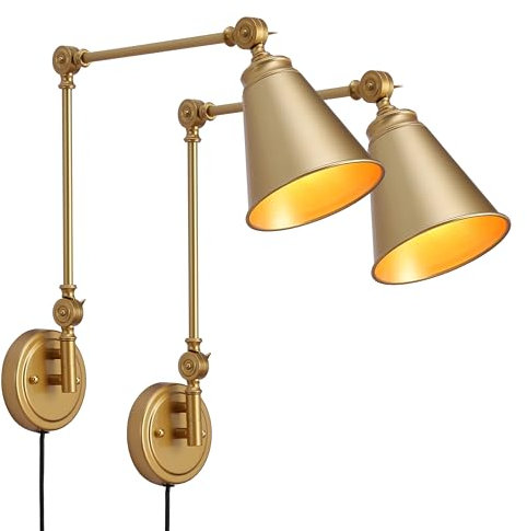 SUNLLOK 2-Pack Swing Arm Golden Wandleuchte mit Stecker, Vintage Schnur-rustikale justierbare Lampenschirm, Moderne Hängende Wandleuchte Industrielle Metall Lesen für Wohnzimmer Kinder Schlafzimmer