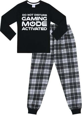 ThePyjamaFactory Do Not Disturb Gaming Mode Activated Woven Long Cotton Pyjama Set (14-15 Years) Black