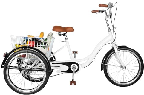 CLEADONG 20 Zoll Dreirad Für Erwachsene, Adult Fahrrad Mit Lichtern 3 Räder Und Korb, 3 Räder Dreirad Mit Einstellbare Kissen Und Griff Für Männer Frauen Ältere Menschen Und Erwachsene, Weiß