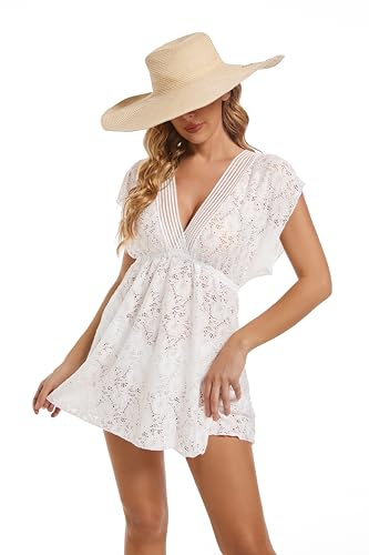 ARIMIA Damen Spitze Strandkleid Sommer Sexy Badeanzug mit V-Ausschnitt Strandponcho Bademode Sommerkleider Blumenspitze