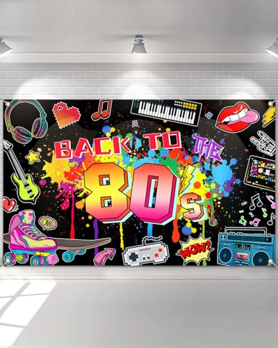 Avezano 80's Party Banner, 180x110cm, Black, Cartoon Pattern, Tear Resistant, Lightweight, Foldable, Weather Resistant, Ideal for Indoor/Outdoor Birthday Parties & Celebrations