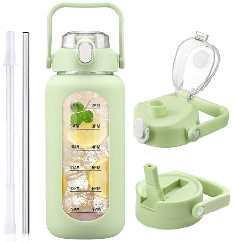 HYDRAGLAZIC Bottiglia d'acqua in vetro da 2L con cannuccia e 2 coperchi, bottiglia d'acqua in vetro con manicotto in silicone stampato a tempo, bicchiere sportivo a bocca larga, Verde chiaro