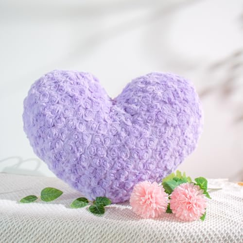 Ailive 16In(40cm) Purple Heart Shaped Cushion, Super Soft Faux Rabbit Fur Rose Texture, Plush Hugging Pillow, Cosy Sofa & Bedroom Décor, Gift for Girlfriend, Valentine’s Day Present