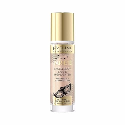 Eveline Cosmetics Variété Flüssiger Highlighter für Gesicht & Körper - Nr. 02 Rose Gold, Universelle Formel mit Vitamin C & Iris-Extrakt, Vegan, 30 ml