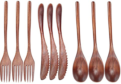 Ensemble de couteaux, fourchettes et cuillères en bois, 3 ensembles de 6 pièces, ensemble de couverts en bois, cuillère, fourchette et couteau réutilisables, couverts de cuisine,