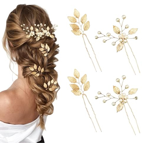 Yeomju 4 piezas Pinzas para cabello de novia hojas doradas perlas de cristal vintage tocado de novia accesorios para el cabello joyas con strass para novias damas de honor damisela chica