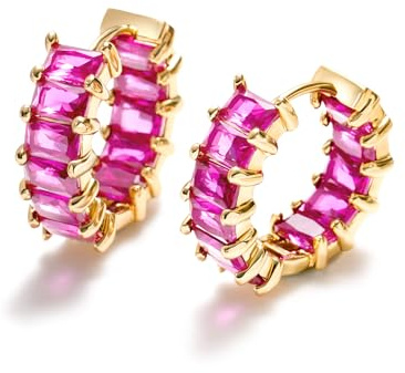 MESOVOR Cubic Zirconia Hoop Earrings for Women, 18K Gold Plated Sparkling Multcolors Zirconia Circle Huggie Earrings Summer Birthday Party Jewelry Gifts for Women Girls (Hot Neon Pink)