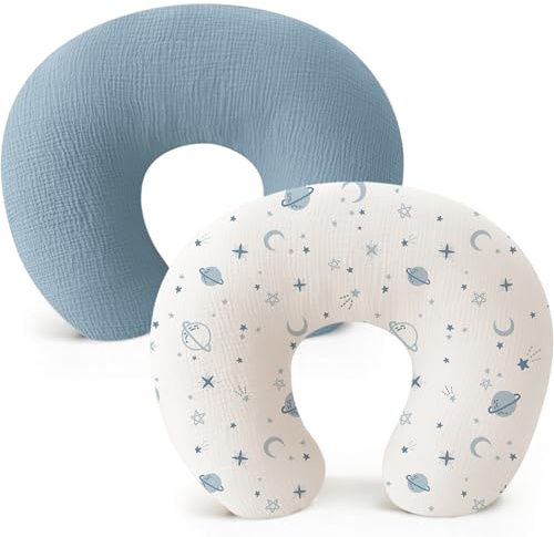 Konssy Lot de 2 housses de coussin d'allaitement en mousseline, douces et adorables pour coussins d'allaitement, housses de coussin pour bébé fille, garçon, nouveau-né (bleu, étoile)
