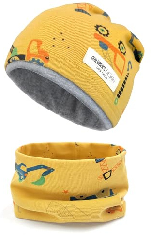 beifon Kinder Beanie Mütze & Loop Schal Set, 95% Baumwolle Mütze Schal Set Mädchen Jungen 2-8 Jahren, Schlauchschal Warme Wintermütze Strickmützen für Herbst Winter Frühling