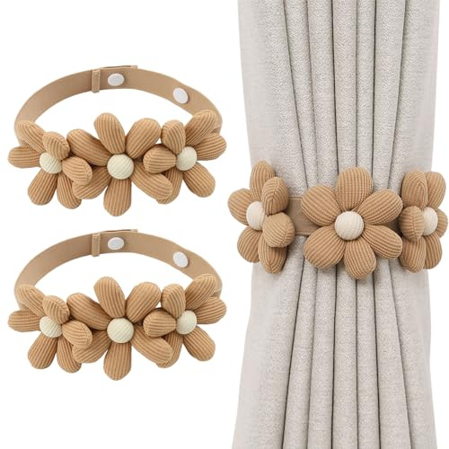 LUHOCIY 2 Stück Blumen Vorhang Raffhalter Gardinenband, Vorhanghalter Boho, Raffhalter für Vorhänge, Vorhang Halter, Vorhang Raffhalter mit Blumendesign für Haus, Wohnzimmer, Schlafzimmer (Braun)