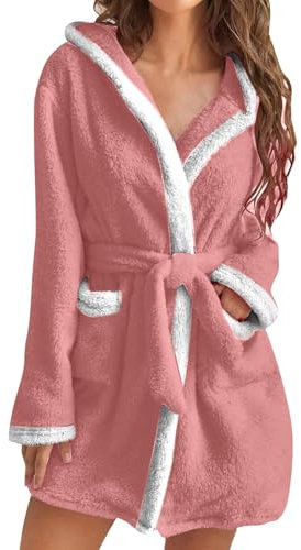 Damen Plüsch Bademantel mit Kontrastbesatz, gemütlicher Fleece Kapuzenbademantel, Gürtel kurzer Bademantel für den Winter, warmer Lounge-Bademantel, roter Kontrastbesatz, weicher Wintermantel, rose,
