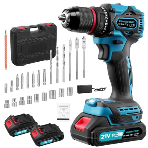 Cordless Electric Screwdriver，50Nm Torque Cordless Screwdriver 2000mAh 21V with 22 Accessories, LED Work Light,2pcs Electric Drill Quick Change Power Drill Battery,Charger Included and Storage Box