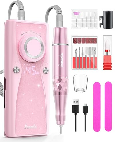 yomanta Torno para Uñas Profesional 45000 RPM, Portatil Pulidor Lima Electrica Uñas, USB Recargable 10H+ Duración de la Batería con 12 Bits, Torno de Uñas Inalambrico, Pantalla LCD, para Uñas de Gel