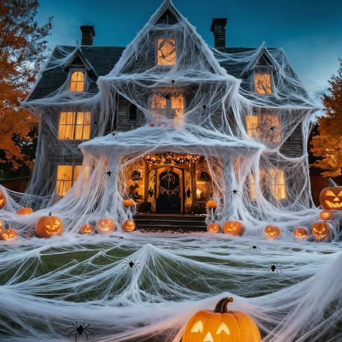 Land Guard 1000 sqft Spider Web, Bonus with 50 Artificial Spiders, Fabric Spider Webbing, Cobweb Halloween Decor for Indoor and Outdoor Party Supplies