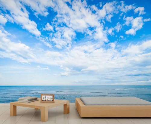 Ocean Sky Wall Mural Blue Sky Clouds Murals Calm Ocean Water Wallpaper Modern Natural Scenery Photo Wallpaper for Bedroom Living Room Hotels 365 x 254 cm