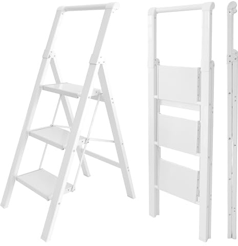 UZIRO UZIRO Escaleras Plegables 3 Peldaños, Escalera de Aluminio 3 Peldaños Anchos, Sistema Antideslizante, Muy Liviana y Facil de Guadar