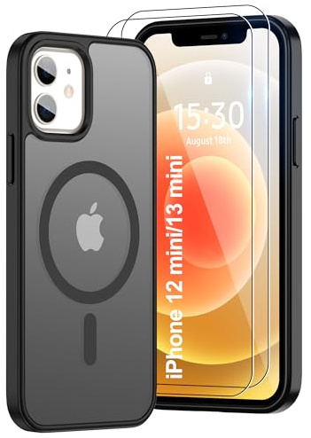 Pilaru Magnetic Case for iPhone 12 Mini/13 Mini [Compatible with MagSafe] 2X Screen Protector | Anti-Fingerprint, Shockproof, Skin-friendly Slim Fit Translucent for iPhone 12/13 Mini-Matte Black