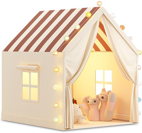 FREEAMG Children's Play Tent with Multi-Coloured Ball Lights & Storage Bag - 120x105x128cm Kids Playhouse for 3-7 Year Old Boys Girls, Indoor Toddler Tent, House Toy (Khaki)