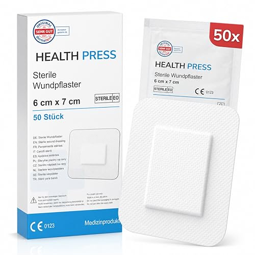Health Press sterile Wundpflaster, 6 x 7cm, 50 Stück | Steriler Wundverband, Pflaster Set einzeln verpackt, Verbandsmaterial hautfreundlich & sicher haftend