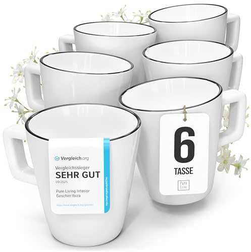 Porzellan Kaffeetassen 6 Personen Scandi TESTSIEGER, Traumhaftes skandinavisches Porzellan Tassen Set, Stylisches Tee- und Kaffeebecher Set, Pure Living in weiß