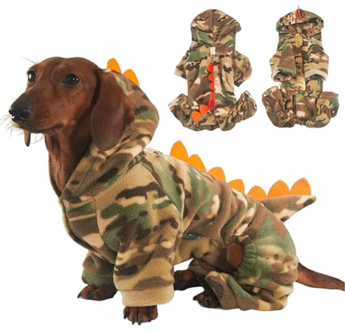 UOSIA Camo Dackel Hunde-Kapuzenpullover, Ganzkörper-Hundemantel, Schlafanzug, Overall Mit Knopf Und D-Ring, Warmes Winter-Fleece, Weihnachten