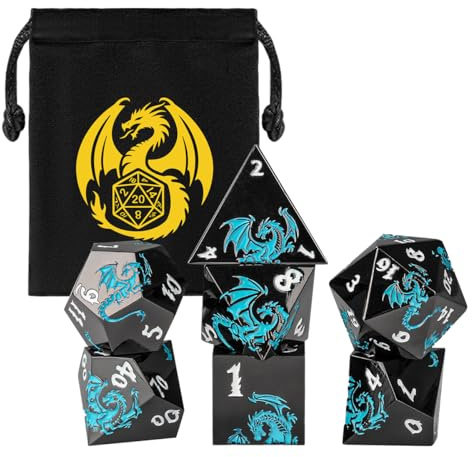 Set di Dadi in Metallo DND, Motivo Drago Blu, 7 pezzi di Dadi Poliedrici in Metallo, D20, D12, 2 D10 (00-90 e 0-9), D8, D6 e D4, Regali D&D con Sacchetto Regalo, Accessori per Giochi da Tavolo, Nero | D&D - Set di dadi poliedrici in metallo, 7 pezzi, D4, D6, D8, 2 D10, D12 e D20, accessori per giochi da tavolo
