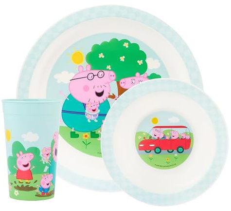 Peppa Pig Juego de vajilla de polipropileno de 3 piezas, cuenco y plato, vajilla infantil con Peppa, Mummy, Daddy, George y Evie Pig, apto para microondas y lavavajillas, a partir de 36 meses