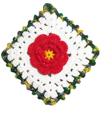 Presina colorata con Fiore Rosso ad Uncinetto 18x19 cm, in Acrilico, Protezione Calore Cucina, Idea Regalo Mamma e Nonna (69PRS)