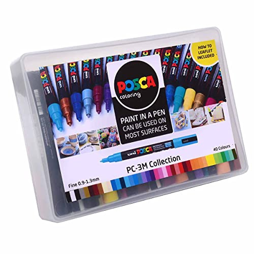 POSCA PC-3M Fine Acrylic Paint Marker Pens, 40 Metallic, Standard & Fluorescent Colours, For All Surfaces (Pack of 40 Pens)