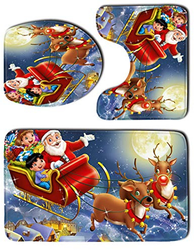 JMAHM Toiletten Sitzabdeckung Mat Badematten 3 Stück Badezimmer Set rutschfeste Badezimmer Teppich Matte Podest Mat Weihnachten (SHDJ11)