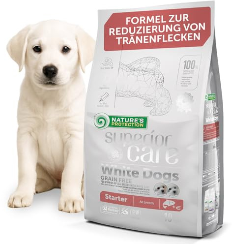 Nature's Protection Superior Care Mat för vita hundar valpar – allergivänliga spannmålsfria hundfoder med lax, rik på omega 3 och 6 – fläckbeständigt mot tårfläckar, 10 kg
