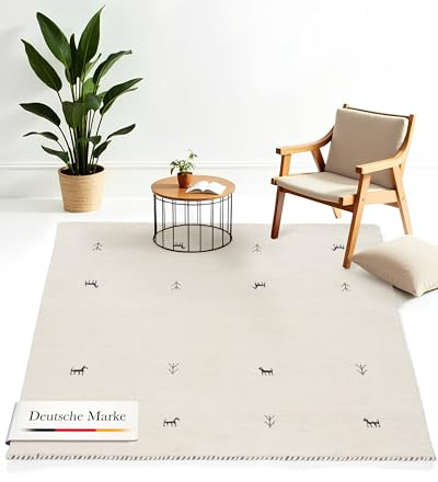 carpetfine Wollteppich Gabbeh Uni Quadratisch Weiß 120x120 cm | Moderner Teppich für Wohn- und Schlafzimmer