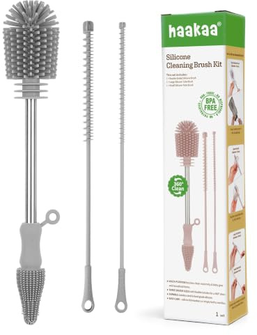 haakaa Gris 3 en 1 Silicone Nettoyage Biberon Brosse Set, Goupillon biberon, Grosse Nettoyage Bouteille, Goupillon Silicone, pour Biberon, Tasses, Bouilloires, Verres à Vin