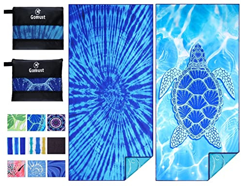 2 Pack Lightweight Thin Beach Towel Oversized 71x32 Big Extra Large Microfiber Sand Free Towels for Adult Quick Dry Travel Camping Beach Accessories Vacation Essential Gift Blue Tie Dye Turtle