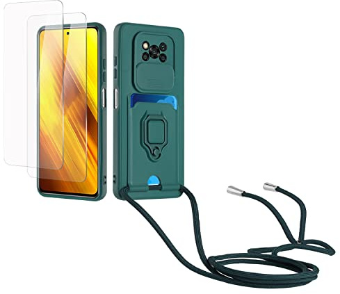 Kaslly Funda con Cuerda para Xiaomi Poco X3/X3 Pro/X3 NFC+[2 Pack Protector Pantalla],Case con Ranura para Tarjetas,Cubierta de Cámara Deslizante Proteger,Doble Cara Protección-Verde Oscuro