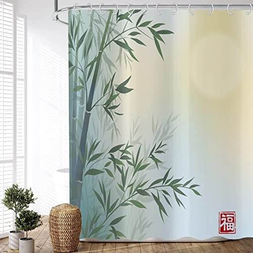 ASDCXZ duschdraperi bambu 180 x 200 cm, asiatisk kinesisk målning grön bambu välsignelse spa meditation tvättbara duschdraperier polyester textil vattentätt duschdraperi för badkar med 12 krokar