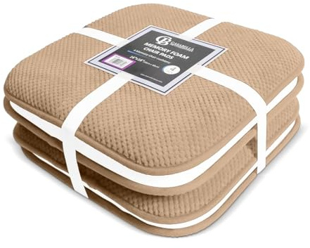 Casabella Memory Foam Chair Cushion Non Slip Back, Round Square Honeycomb Pattern Set of 4 Chair Pads,Durable Seat Cushions for Dinning Chairs, Office Desk & Patio-16x16 Beige Memory Foam Seat Cushion